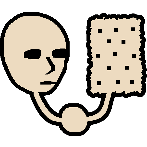 a pale, mannequin-like face next to a saltine cracker of the same color. they're connected by a line of the same color with a dot